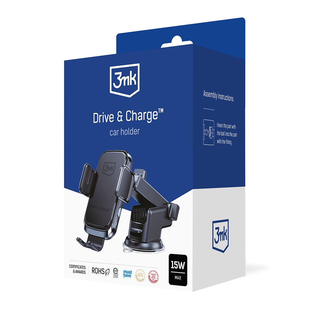 3MK Drive & Charge Wireless KFZ-Halterung | 15W | Automatische Klemmen | Schwarz