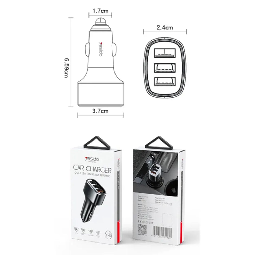 Auto-Ladegerät Yesido Y46, 42W, 3A, 3 x USB-A, Schwarz