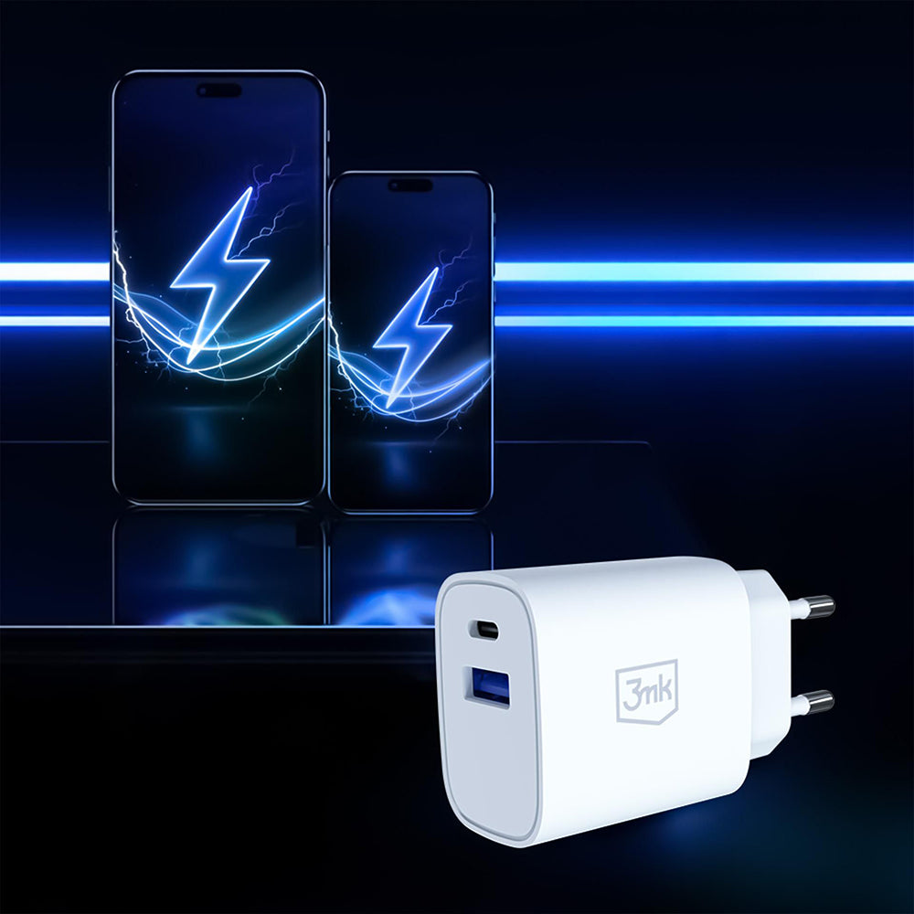 3MK FlowPower Netzladegerät, 25W, 1 x USB-A - 1 x USB-C, Weiß