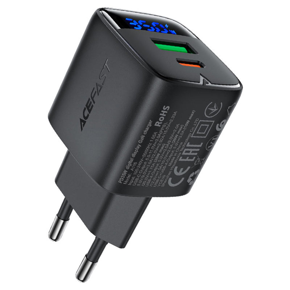 Netzladegerät Acefast A116 Display, 35W, 3A, 1 x USB-A - 1 x USB-C, Schwarz