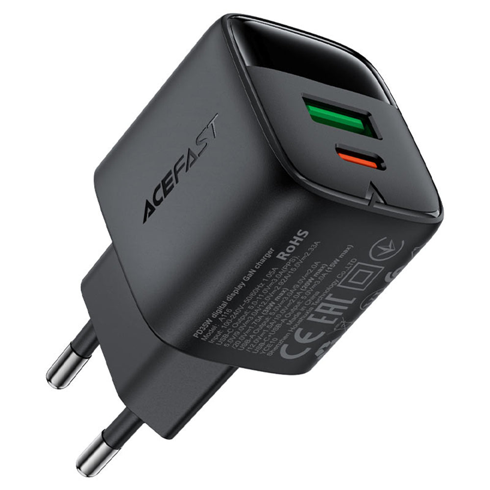 Netzladegerät Acefast A116 Display, 35W, 3A, 1 x USB-A - 1 x USB-C, Schwarz