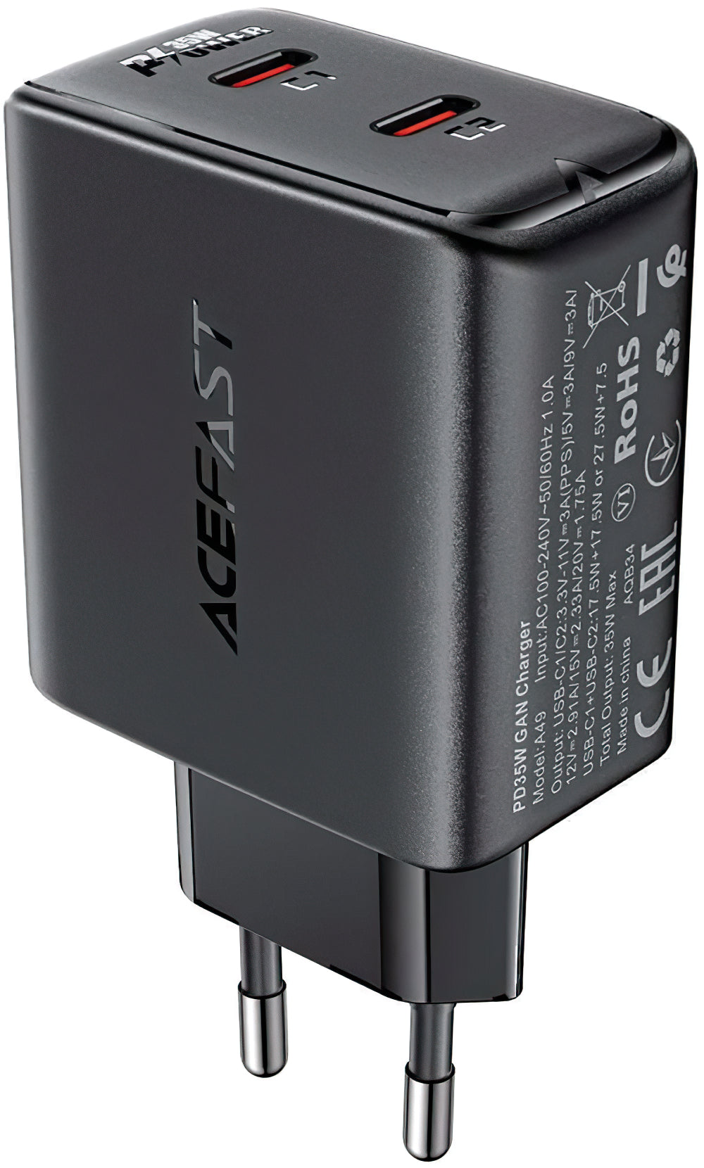 Netzwerk-Ladegerät Acefast A49, 35W, 3A, 2 x USB-C, Schwarz