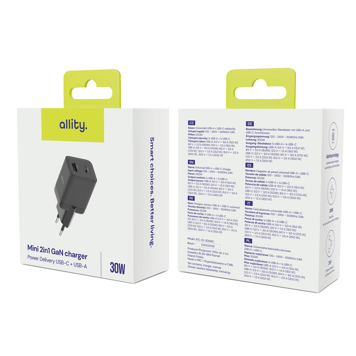 Netzladegerät Allity. ATC-01-30WAC Mini, 30W, 3A, 1 x USB-A - 1 x USB-C, Schwarz