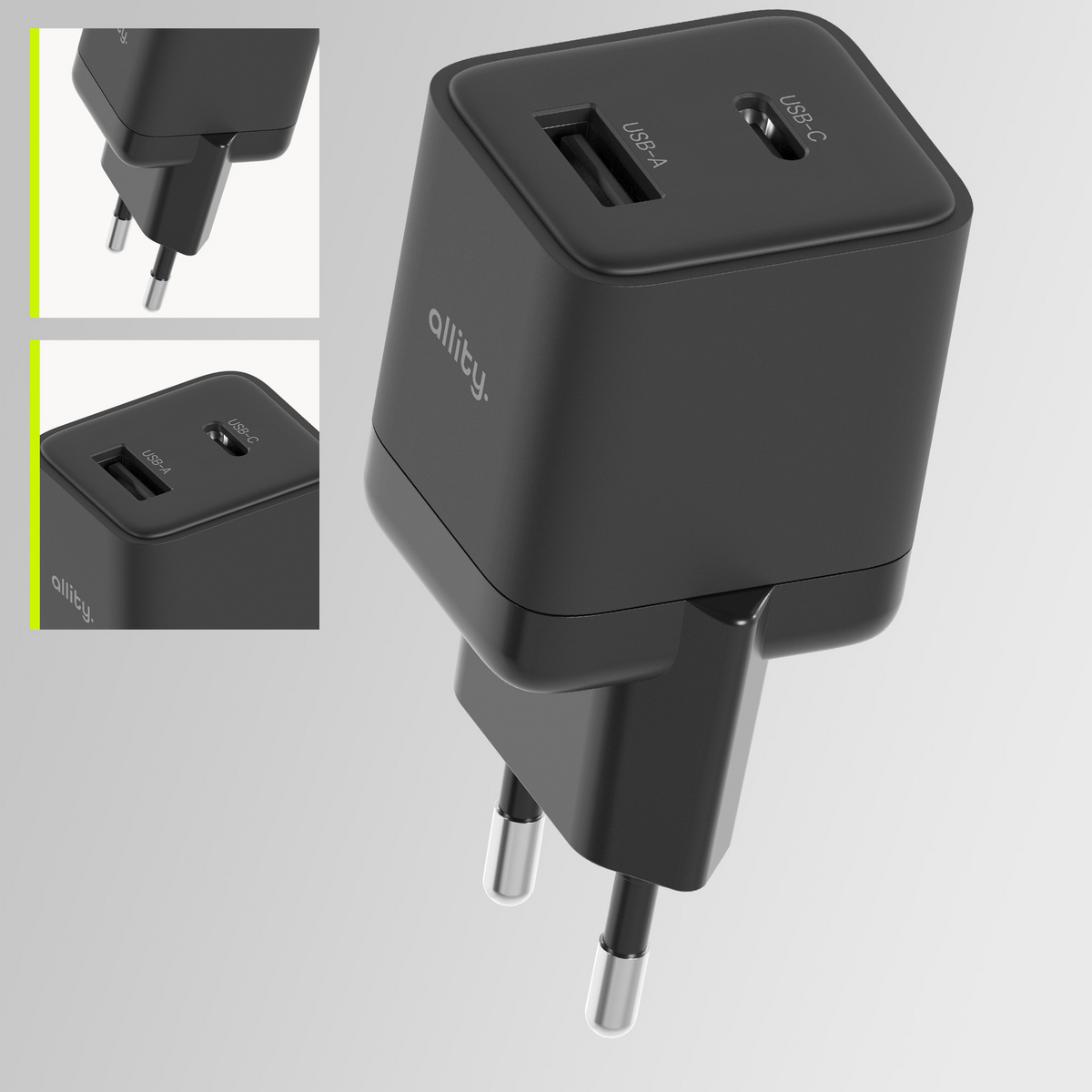 Netzladegerät Allity. ATC-01-30WAC Mini, 30W, 3A, 1 x USB-A - 1 x USB-C, Schwarz