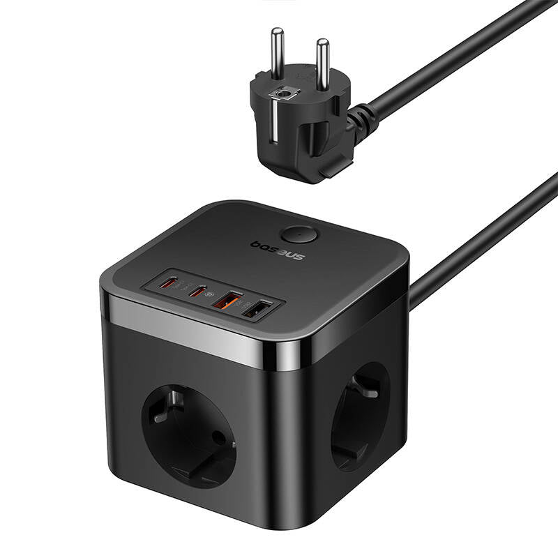 Baseus PowerCombo Cube Mehrfachstecker | 3x Schuko & 4x USB | 4000W | 1.5m | Schwarz