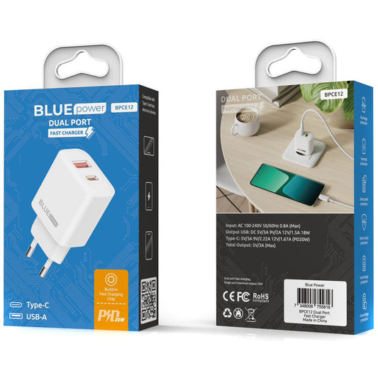 Netzwerk-Ladegerät Blue Power BPCE12, 20W, 3A, 1 x USB-A - 1 x USB-C, Weiß