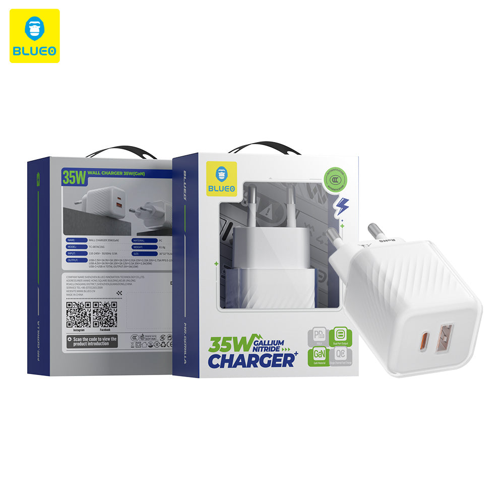 Blueo Netzladegerät, 35W, 3A, 1 x USB-A - 1 x USB-C, Weiß