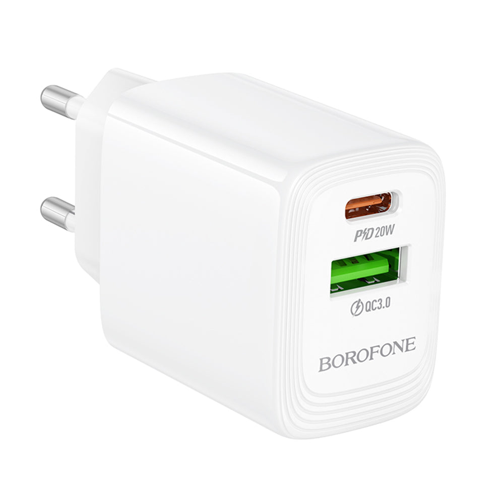 Borofone BN27 Fuente Network Charger, 20W, 3A, 1 x USB-A - 1 x USB-C, White