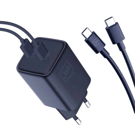 3MK HyperCharger Netzwerk-Ladegerät mit USB-C Kabel, 45W, 3A, 2 x USB-C, Schwarz