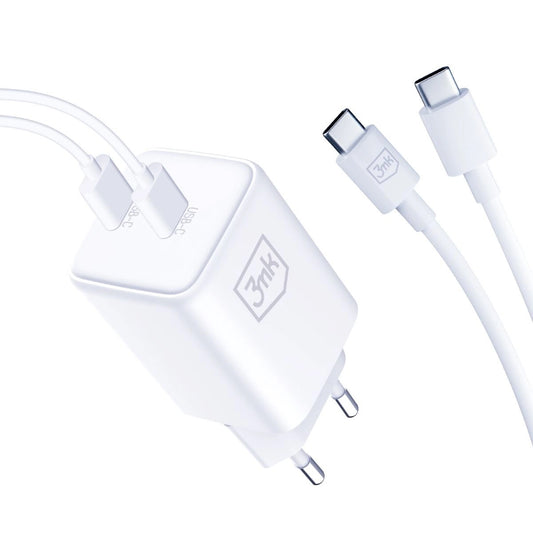 3MK HyperCharger Netzwerk-Ladegerät mit USB-C Kabel, 45W, 3A, 2 x USB-C, Weiß