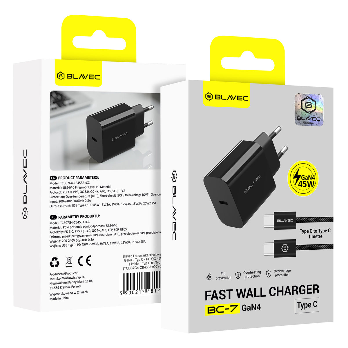 Netzladegerät mit USB-C Kabel Blavec BC-7, 45W, 3A, 1 x USB-C, Schwarz