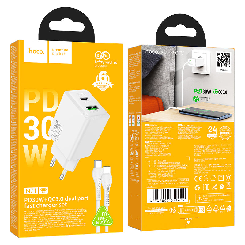 Netzladegerät mit USB-C Kabel HOCO N71, 30W, 3A, 1 x USB-A - 1 x USB-C, Weiß