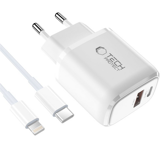 Netzteil mit Lightning-Kabel Tech-Protect NCA20, 20W, 3A, 1 x USB-A - 1 x USB-C, Weiß