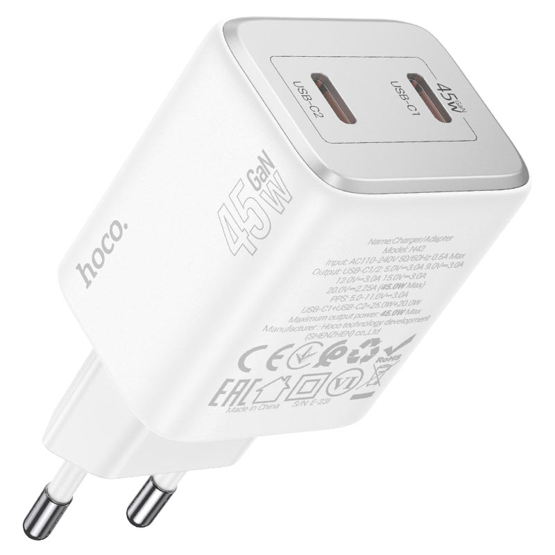 Netzwerk-Ladegerät mit Lightning-Kabel HOCO N42, 45W, 3A, 2 x USB-C, Weiß