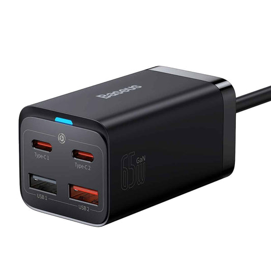 Baseus GaN3 Pro USB-C Netzwerk-Ladegerät mit Kabel, 65W, 3A, 2 x USB-A - 2 x USB-C, Schwarz CCGP04010101