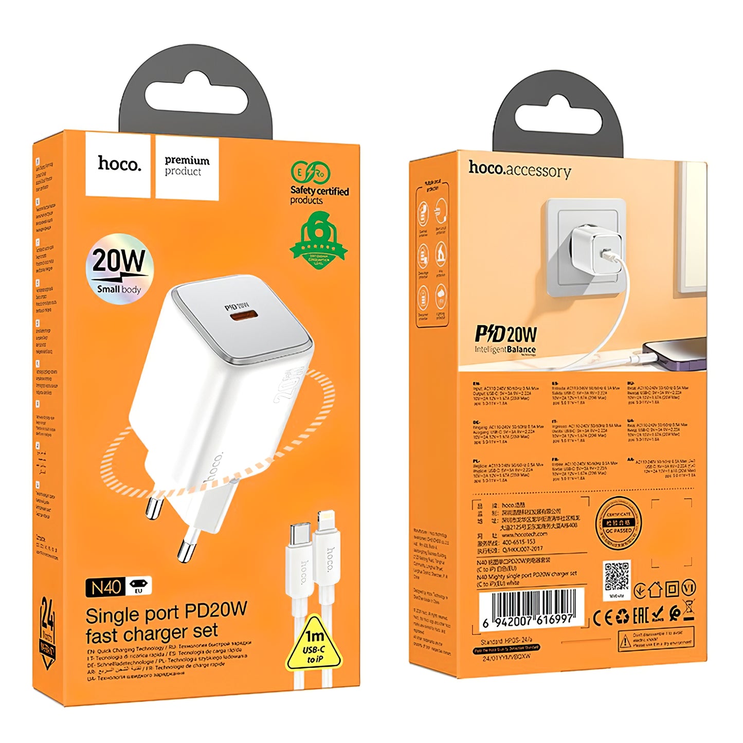 Netzladegerät mit Lightning-Kabel HOCO N40, 20W, 3A, 1 x USB-C, Weiß