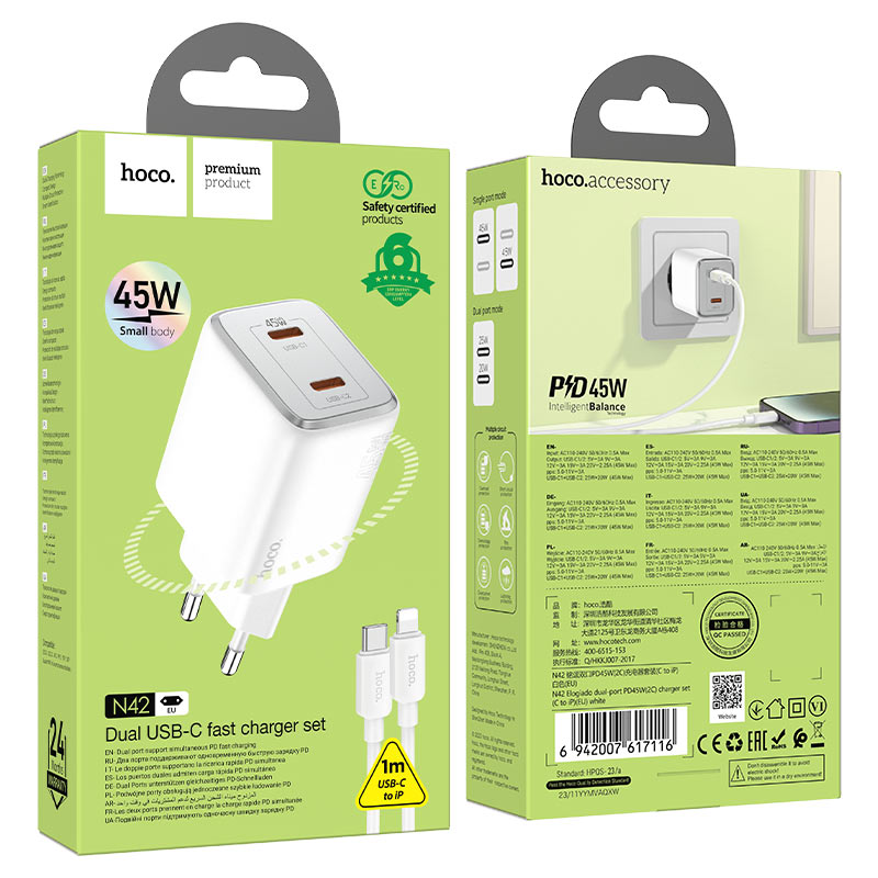 Netzwerk-Ladegerät mit Lightning-Kabel HOCO N42, 45W, 3A, 2 x USB-C, Weiß