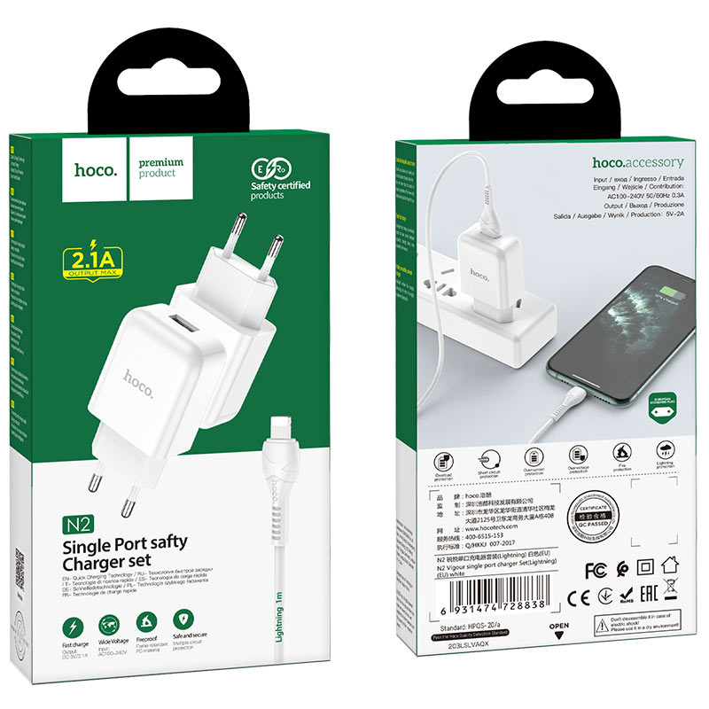 Netzladegerät mit Lightning-Kabel HOCO N2, 10W, 2A, 1 x USB-A, Weiß