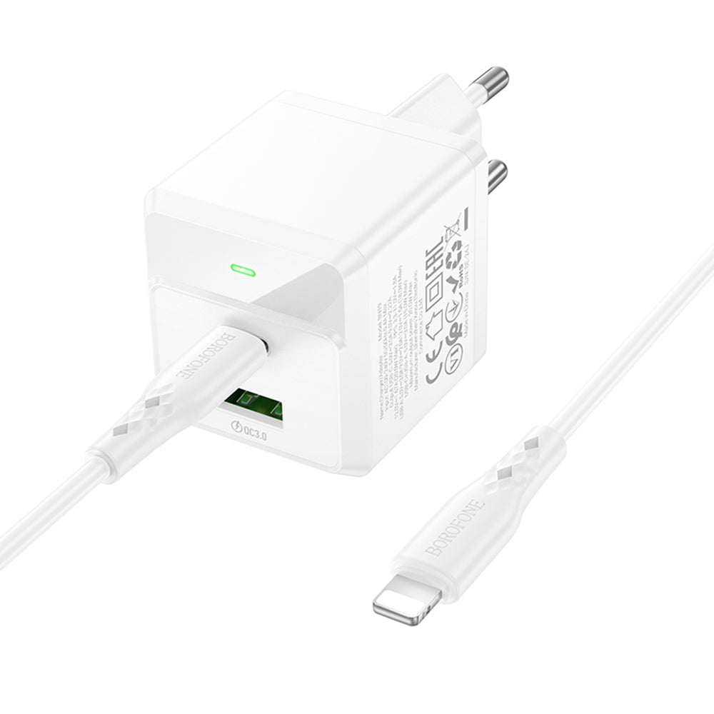Network Charger with Lightning Cable Borofone BN19 Intenso, 20W, 3A, 1 x USB-A - 1 x USB-C, White