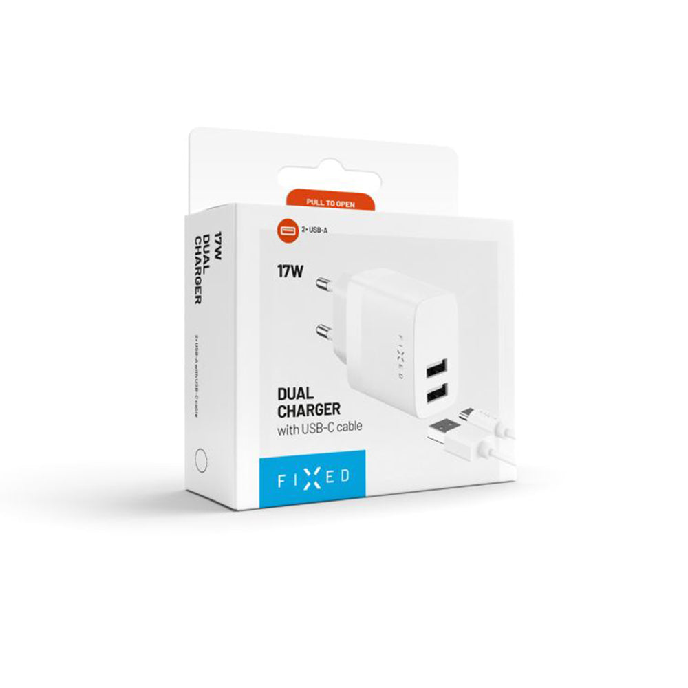 Netzladegerät mit USB-C Kabel Fixed, 17W, 3A, 2 x USB-A, Weiß