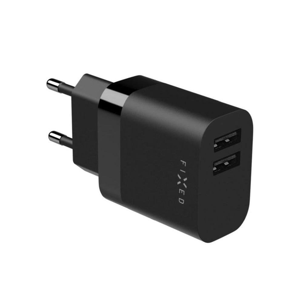 Netzladegerät mit USB-C Kabel Fixed, 17W, 3A, 2 x USB-A, Schwarz