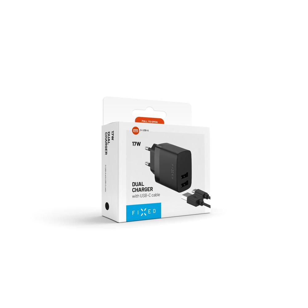 Netzladegerät mit USB-C Kabel Fixed, 17W, 3A, 2 x USB-A, Schwarz