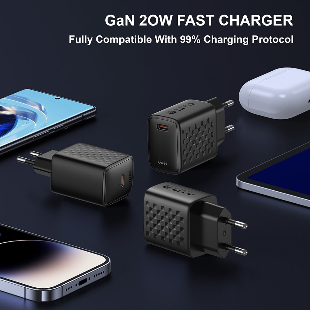 Netzladegerät mit USB-C Kabel Lito LC13T, 20W, 3A, 1 x USB-C, Schwarz