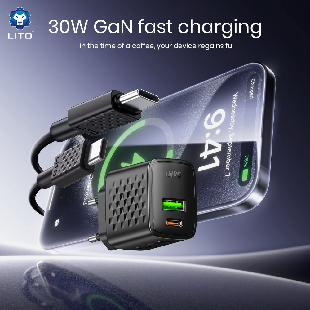 Network Charger with USB-C Cable Lito LC19T, 30W, 3A, 1 x USB-A - 1 x USB-C, Black