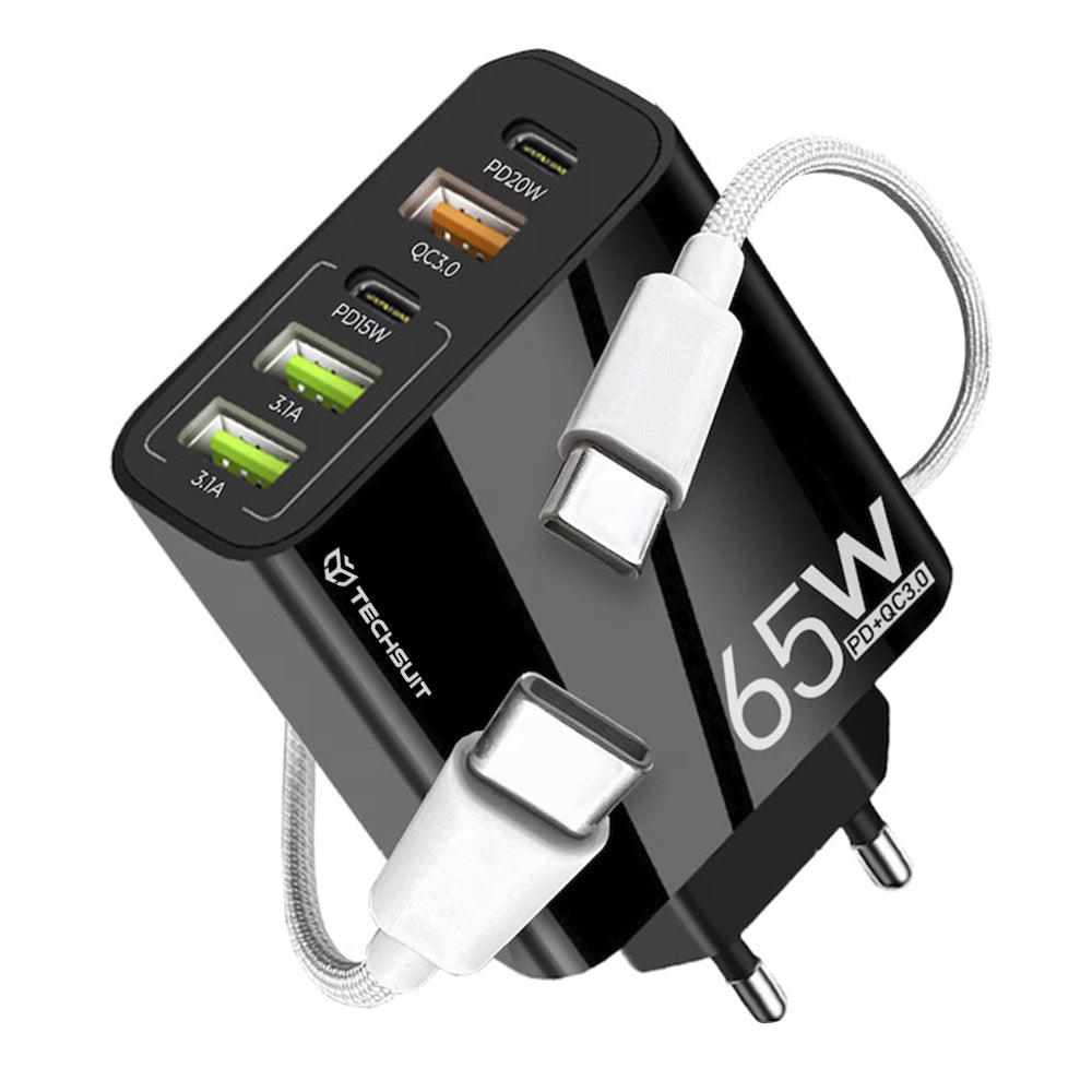 Netzladegerät mit USB-C Kabel Techsuit CHC2 PentaXPower, 20W, 3A, 3 x USB-A - 2 x USB-C, Schwarz