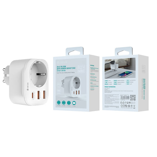 Netzladegerät DEVIA WW09-F-PD, 20W, 3A, 2 x USB-A - 1 x USB-C - 1 x Schuko, Weiß