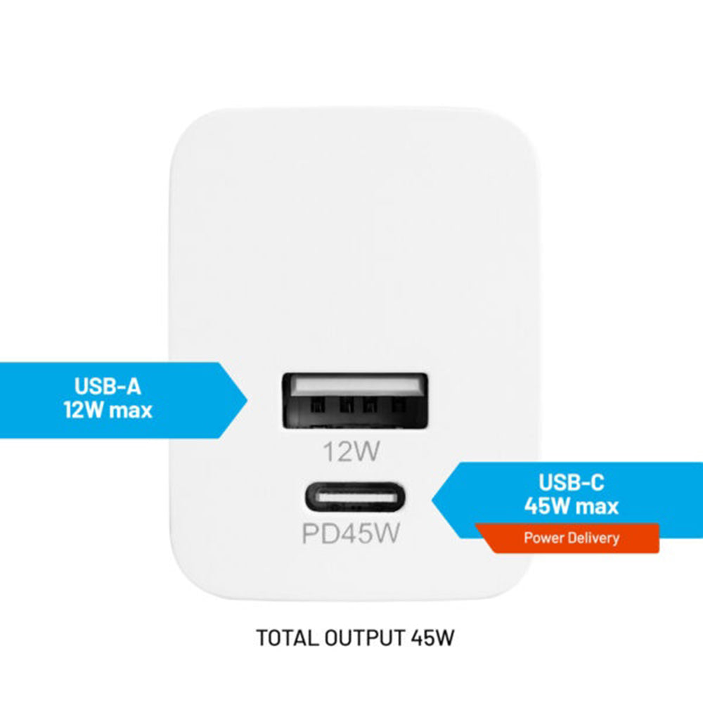 Netzladegerät Fixed Mini, 45W, 3A, 1 x USB-A - 1 x USB-C, Weiß