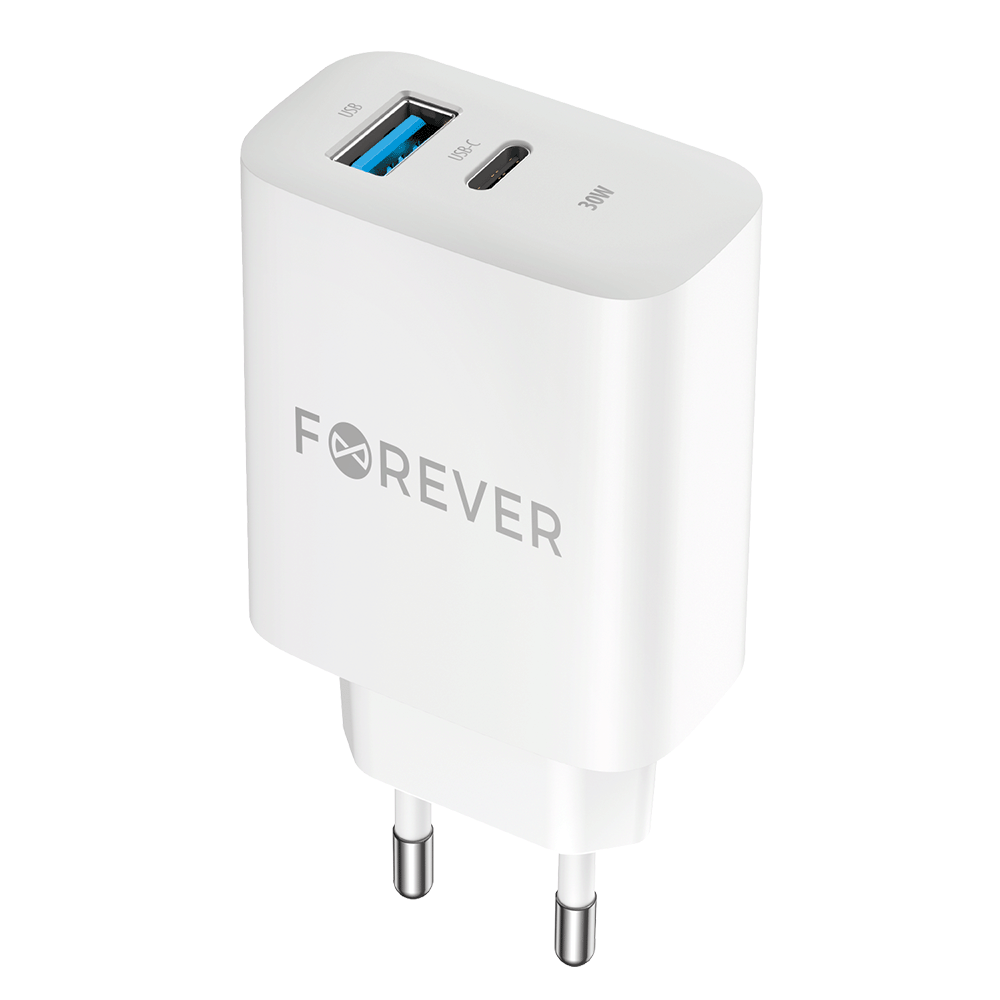Forever Netzwerk-Ladegerät TC-07-30AC, 30W, 3A, 1 x USB-A - 1 x USB-C, Weiß