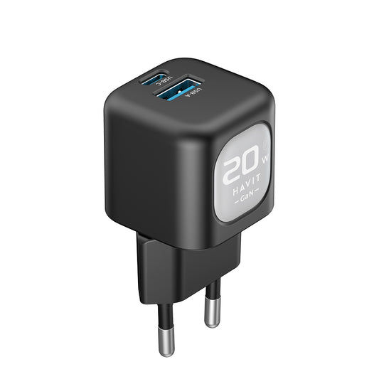 Netzladegerät HAVIT UC220, 20W, 3A, 1 x USB-A - 1 x USB-C, Schwarz Grau