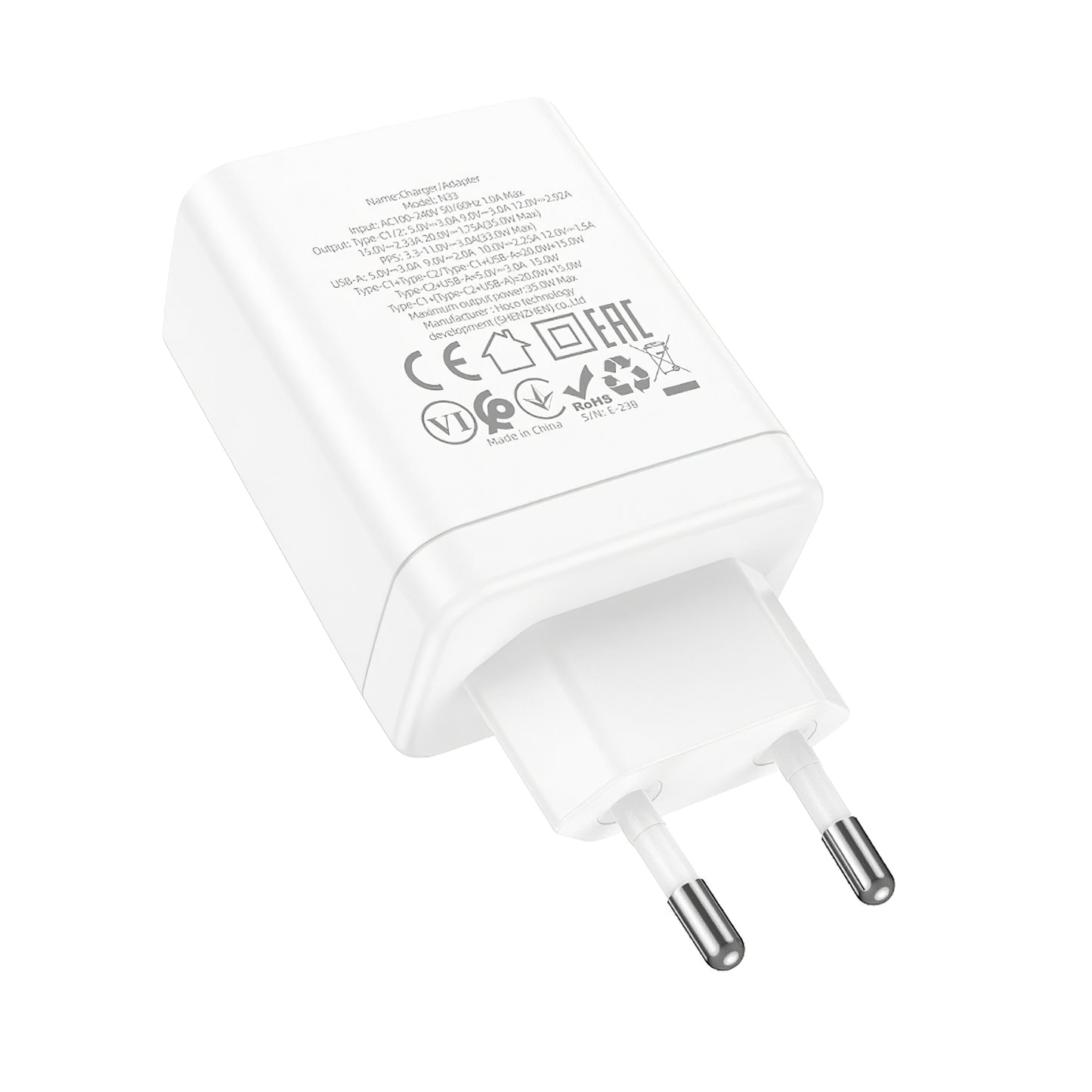 Netzwerk-Ladegerät HOCO N33, 35W, 3A, 1 x USB-A - 2 x USB-C, Weiß