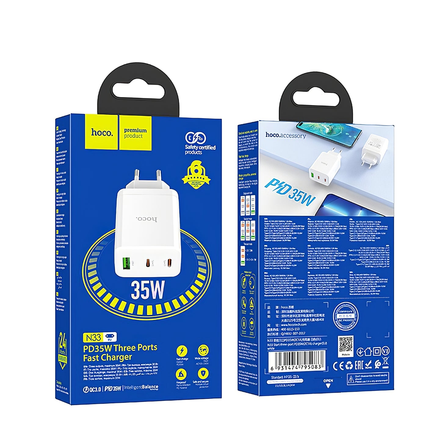 Netzwerk-Ladegerät HOCO N33, 35W, 3A, 1 x USB-A - 2 x USB-C, Weiß