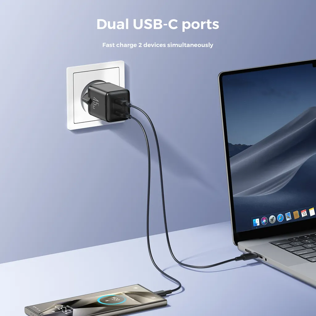 Joyroom JR-TCG17 Network Charger, 45W, 3A, 2 x USB-C, Black