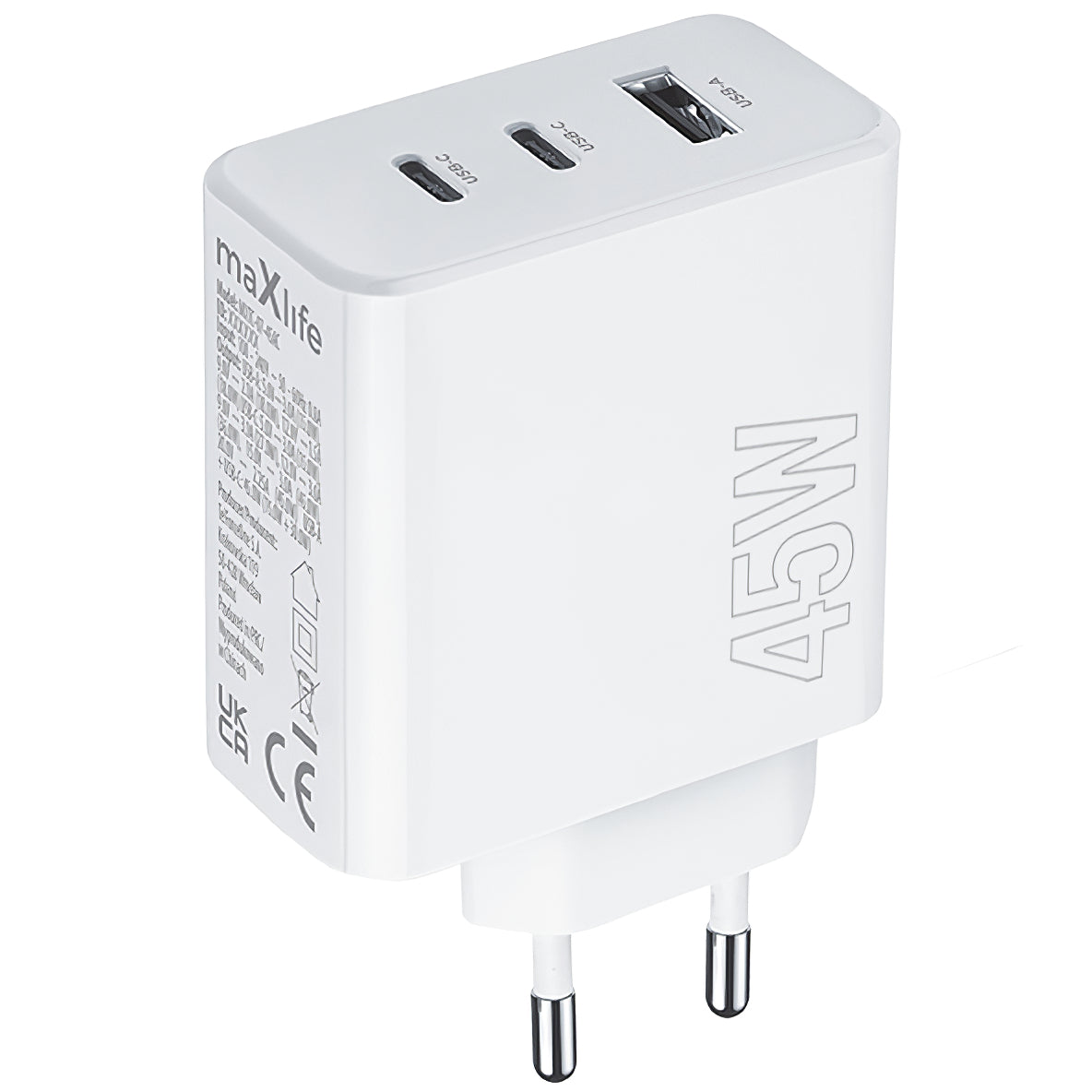 MaXlife Netzwerk-Ladegerät MXTC-07-45ACC, 45W, 3A, 1 x USB-A - 2 x USB-C, Weiß