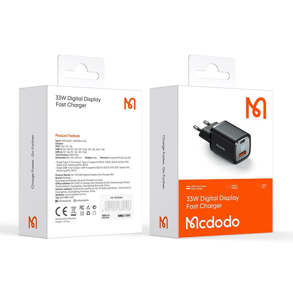 Netzladegerät McDodo CH-1701 Graphite Display, 33W, 3A, 1 x USB-A - 1 x USB-C, Schwarz