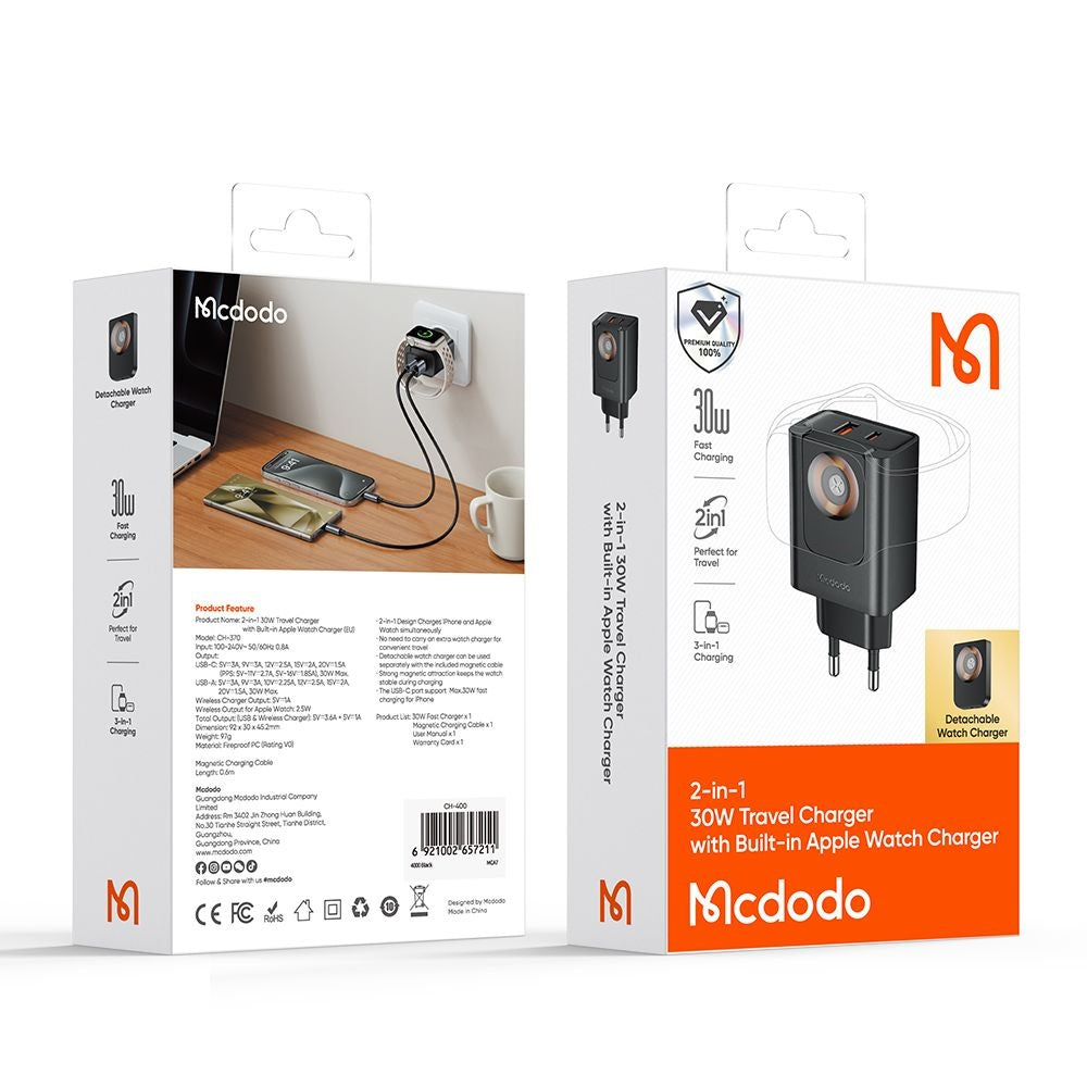 Netzladegerät McDodo CH-3700 Companion, 30W, 3A, 1 x USB-A - 1 x USB-C, Schwarz
