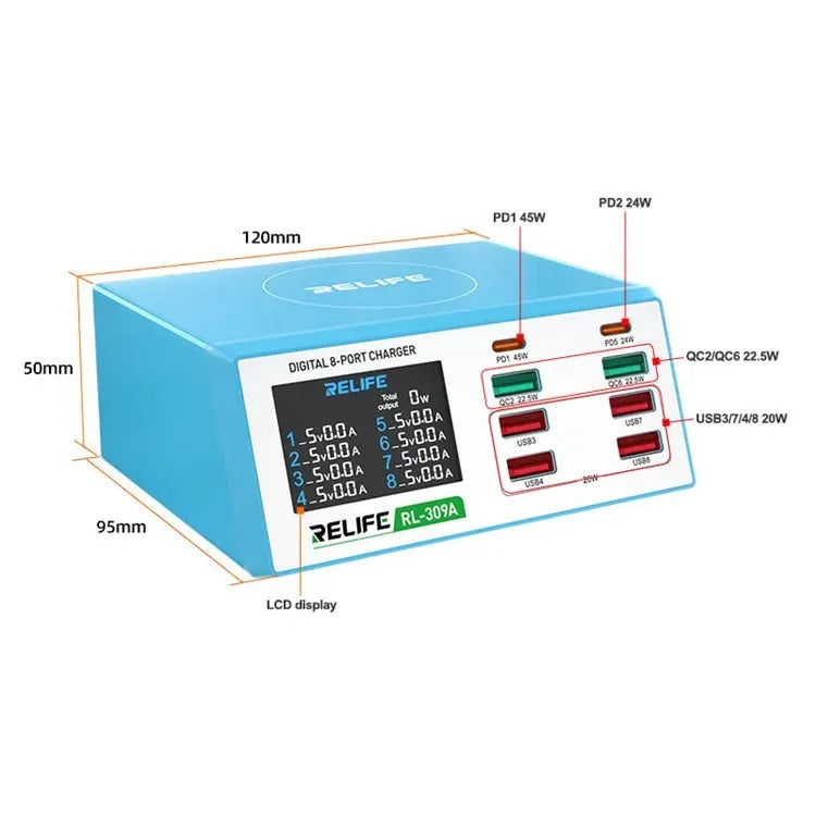 Relife RL-309A Ladestation 100W | 2x USB-C & 6x USB-A | Blau | Display