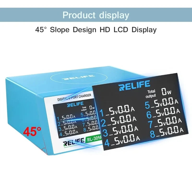 Relife RL-309A Ladestation 100W | 2x USB-C & 6x USB-A | Blau | Display