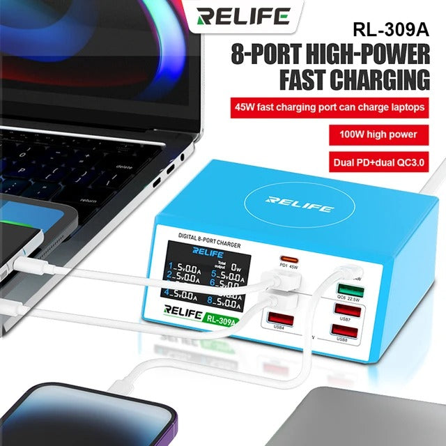 Relife RL-309A Ladestation 100W | 2x USB-C & 6x USB-A | Blau | Display
