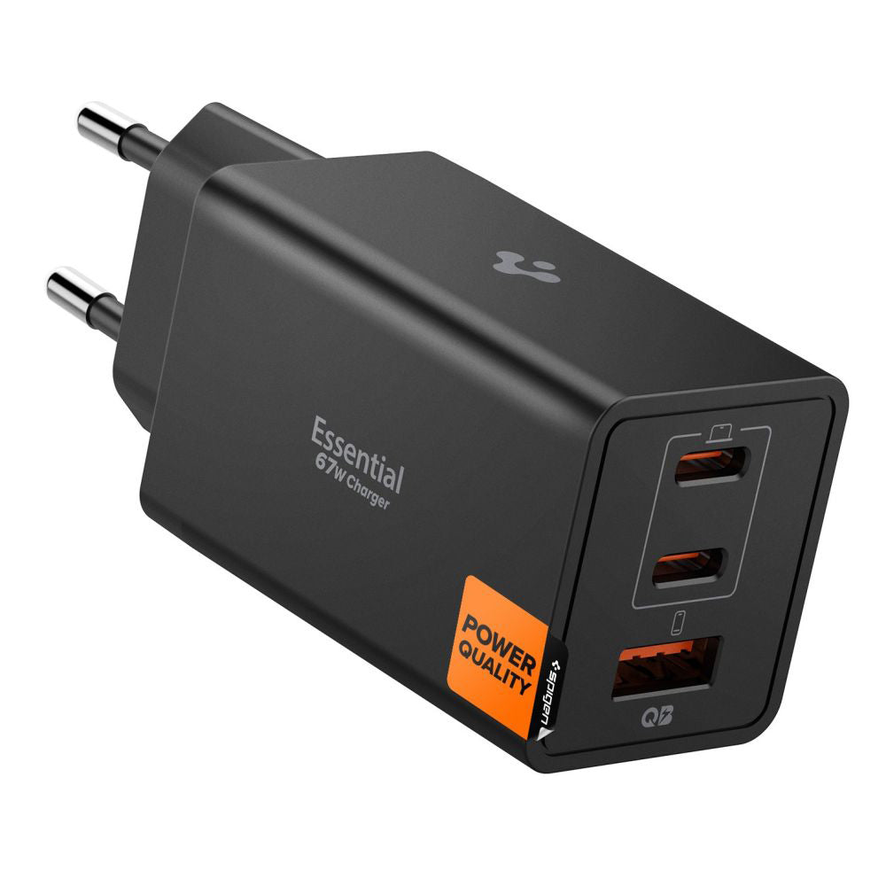 Spigen Essential Netzladegerät, 67W, 3.25A, 1 x USB-A - 2 x USB-C, Schwarz ACH09458