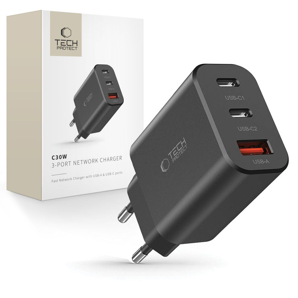 Netzwerk-Ladegerät Tech-Protect NC30W, 30W, 3A, 1 x USB-A - 2 x USB-C, Schwarz