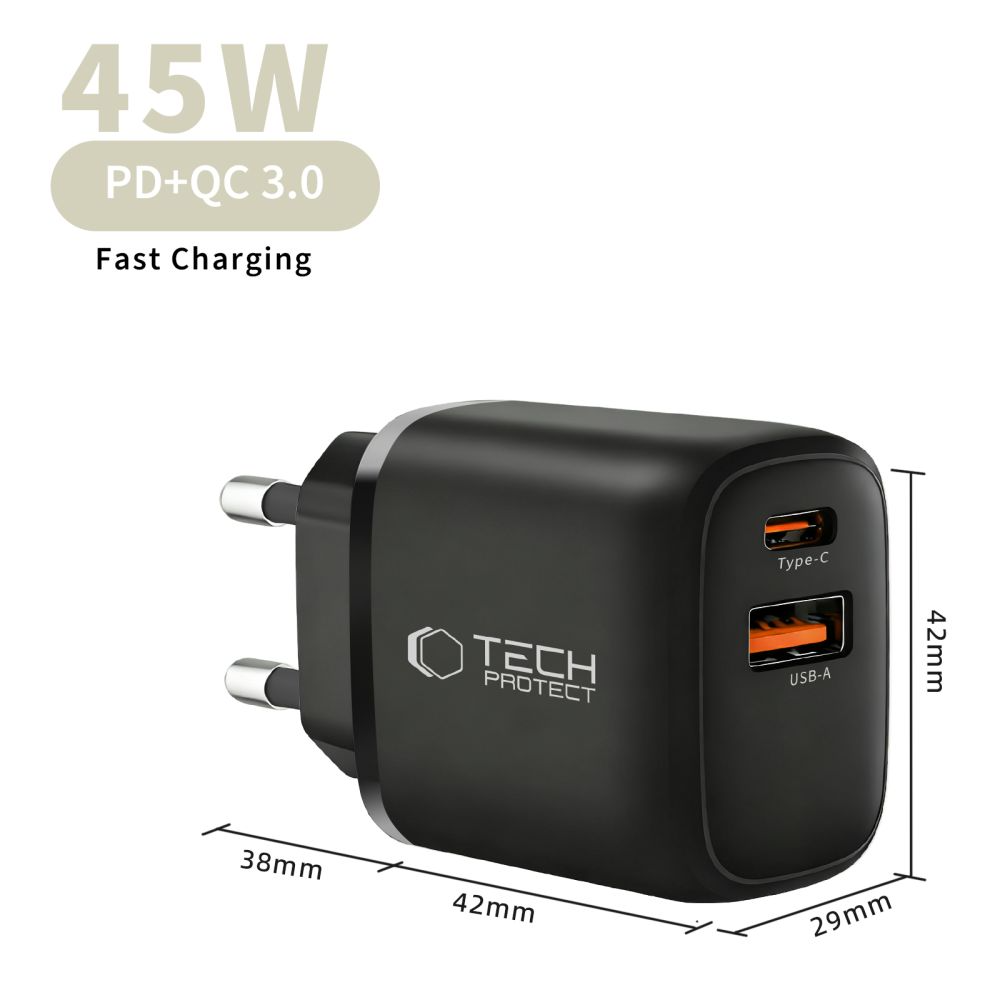 Netzladegerät Tech-Protect NCA45W, 45W, 3A, 1 x USB-A - 1 x USB-C, Schwarz