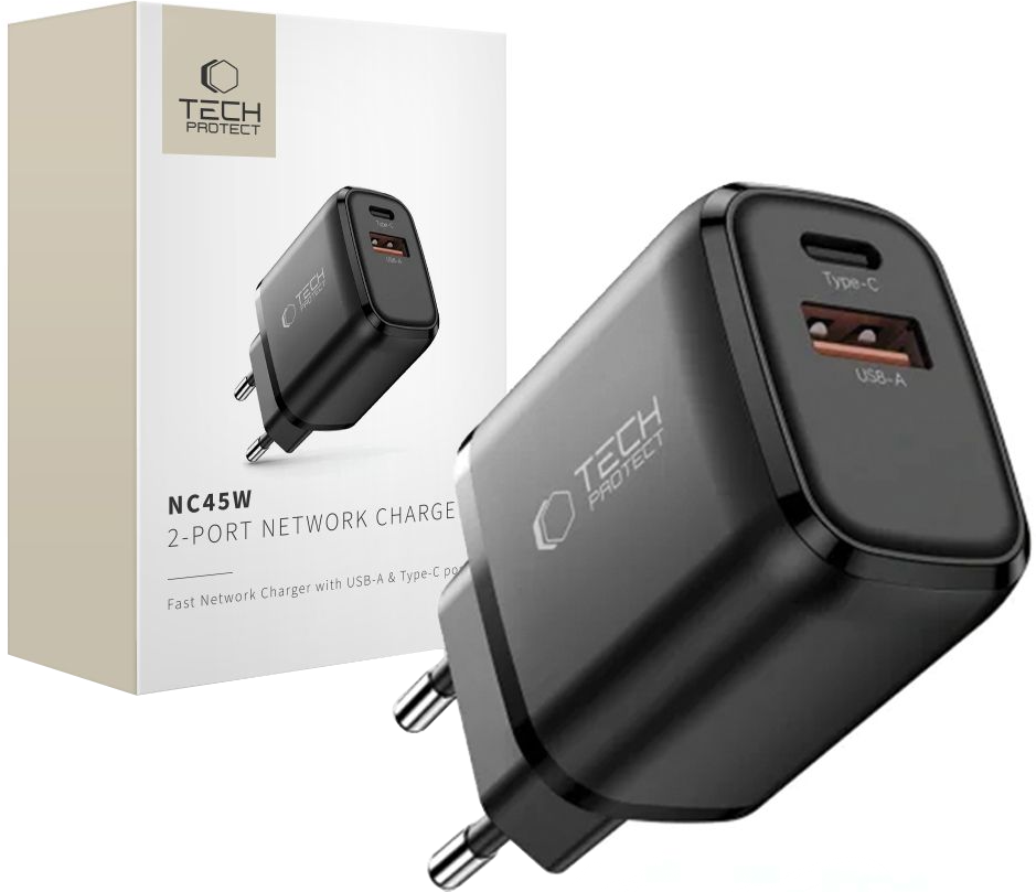 Netzladegerät Tech-Protect NCA45W, 45W, 3A, 1 x USB-A - 1 x USB-C, Schwarz