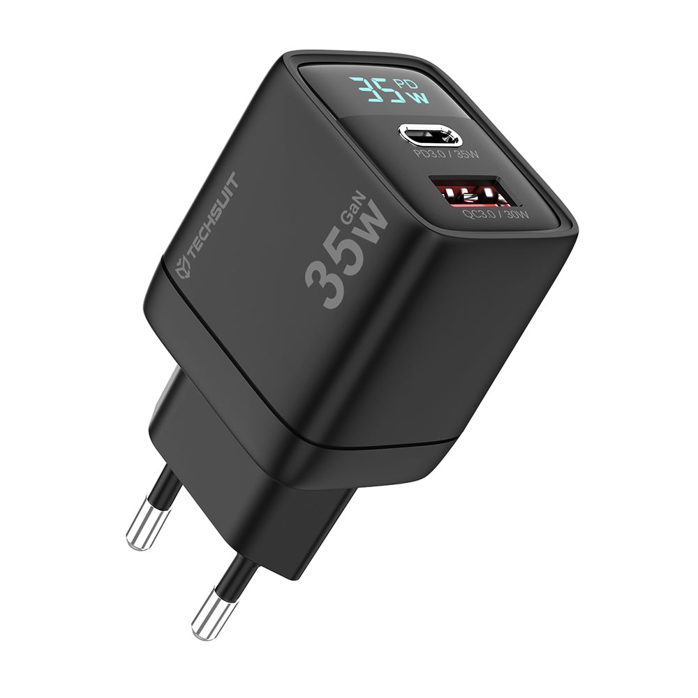 Techsuit CH3 LEDChargX Display Network Charger, 35W, 3A, 1 x USB-A - 1 x USB-C, Black