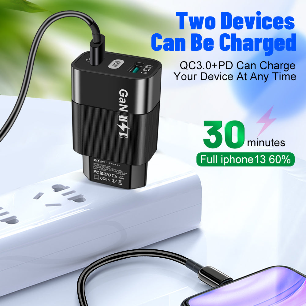 Techsuit CHPD131 Network Charger, 65W, 3.25A, 1 x USB-A - 1 x USB-C, Black