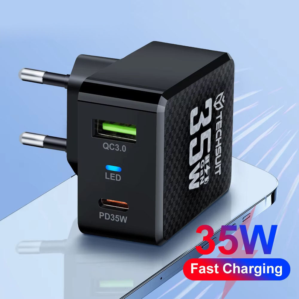 Netzladegerät Techsuit CHPD173 Tiny, 35W, 3A, 1 x USB-A - 1 x USB-C, Schwarz