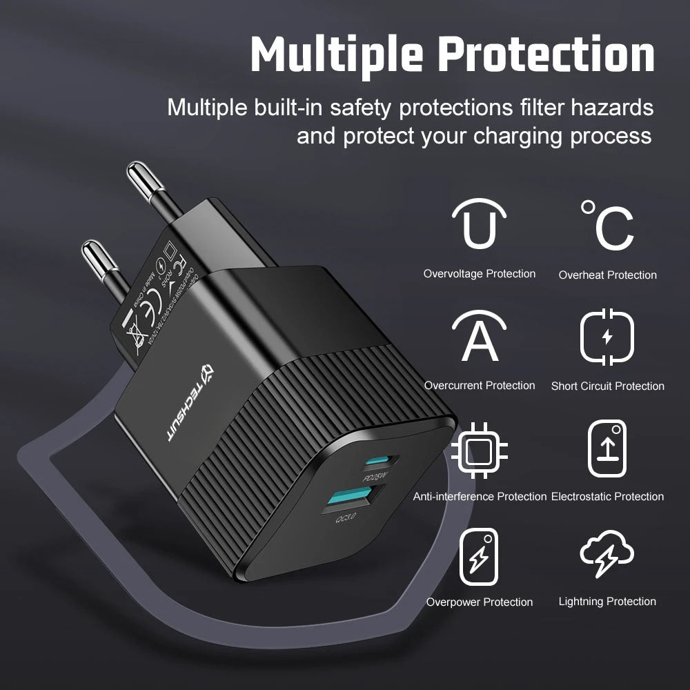 Netzladegerät Techsuit CHPD216 Tiny, 25W, 3A, 1 x USB-A - 1 x USB-C, Weiß